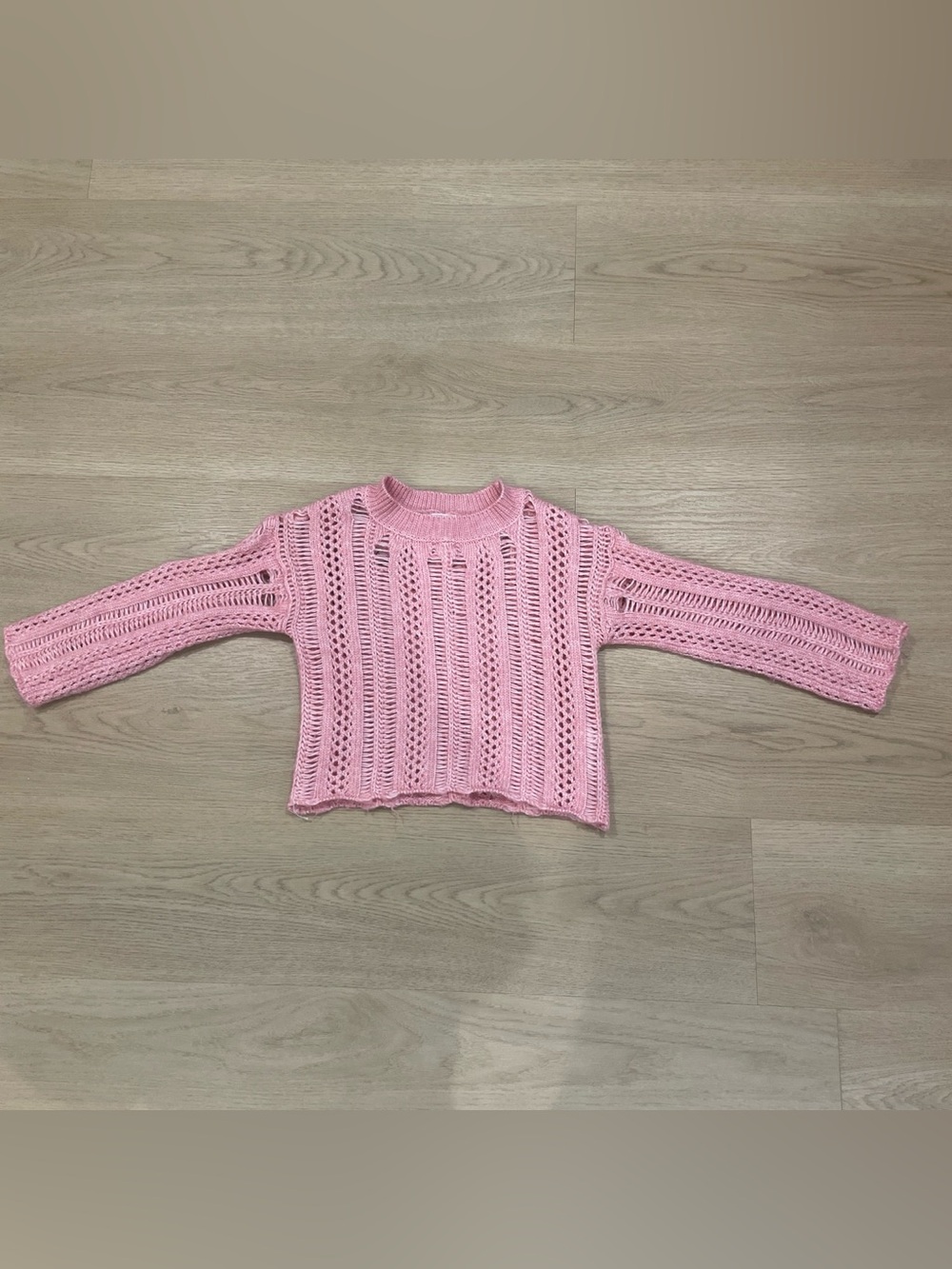 Zara Bubblegum Pink Open-Knit Crewneck Sweater